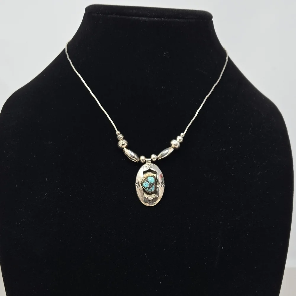 Vintage Sterling Silver Beaded Necklace With Turquise Stone Pendant 16 Inches - Picture 2 of 9